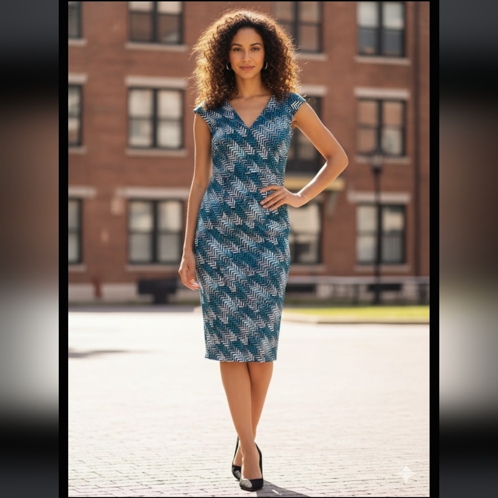 White House Black Market Chevron Print Teal Midi Dress Size 00